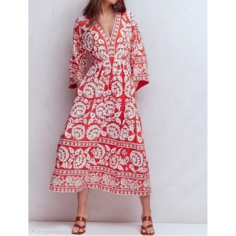 Boden Nell Kimono Midi Jersey Boho Dress Red White Floral V-Neck Sleeve Womens 6